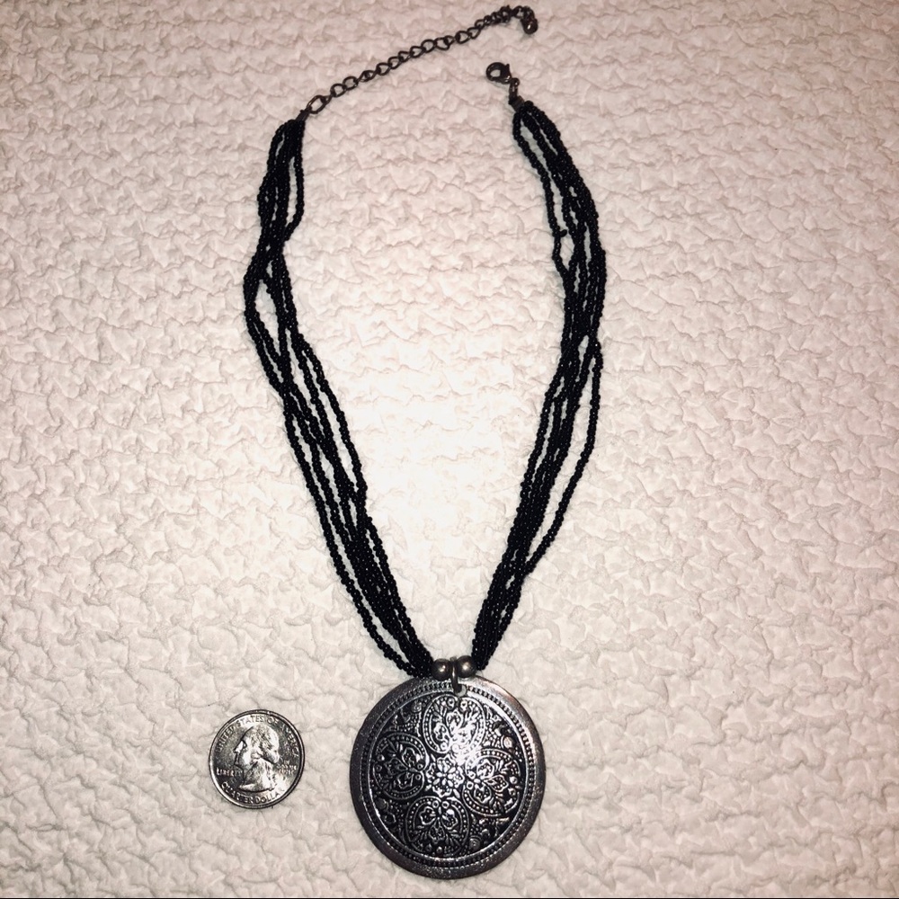 Black beaded medallion necklace